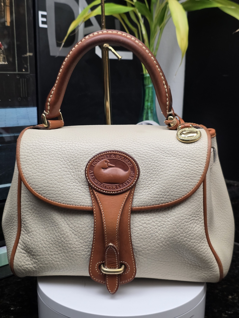 Dooney & Bourke Cream and Brown Pebbled Leather Satchel